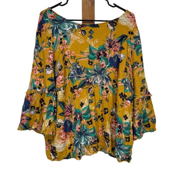 Ava‎ & Viv Mustard Floral Print 3/4 Sleeve Bell Sleeve Strappy Blouse Size 3X - Picture 2 of 10